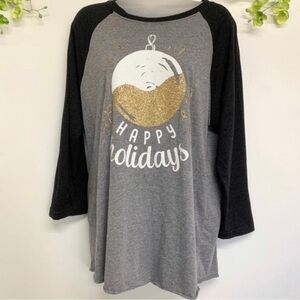 Gray and Black Holiday Raglan Shirt “HAPPY Holidays”, size medium with ornament